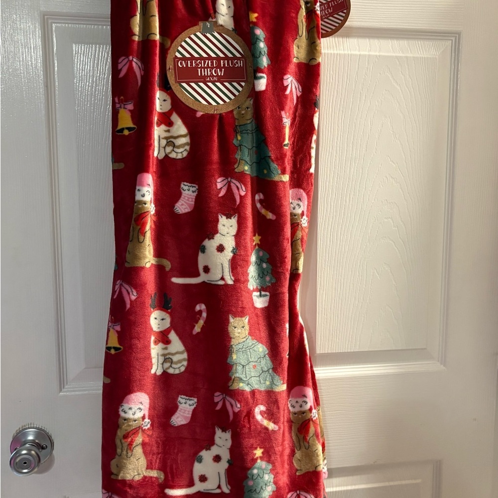 Festive Red Cat and Christmas Tree Throw Blanket